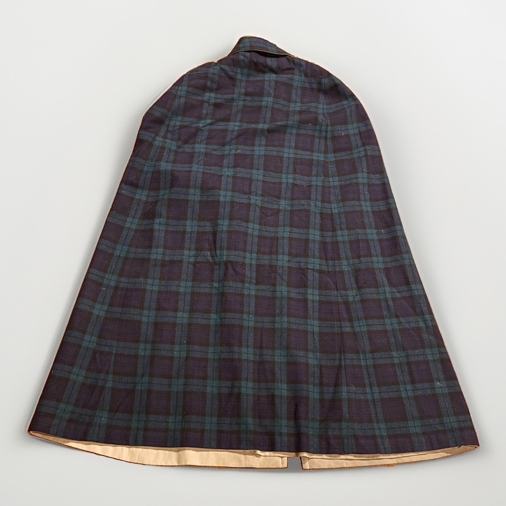 Vintage Tartan Plaid Wool Cape Trench Coat Reversible Tan Canvas Old Money Glam - Picture 2 of 5